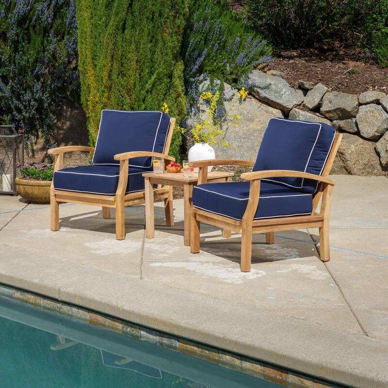 Indonesian Teak 3-Piece Club Chair Set with Sunbrella Cushions - Navy