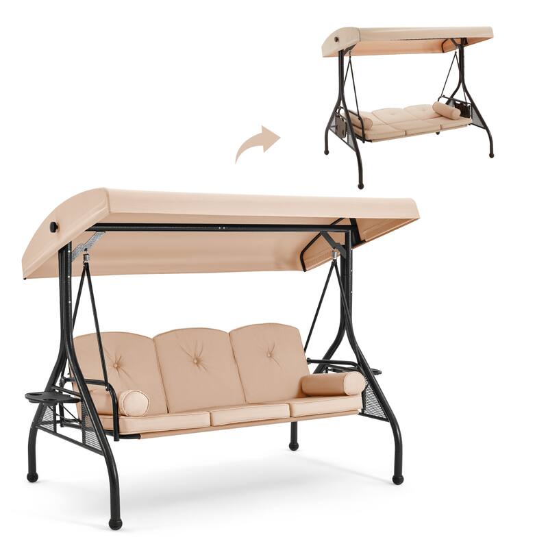 3-Seat Outdoor Porch Swing with Adjustable Canopy & Stand, Convertible Bed, All-Weather, Thickened Cushions & Cup Holders
