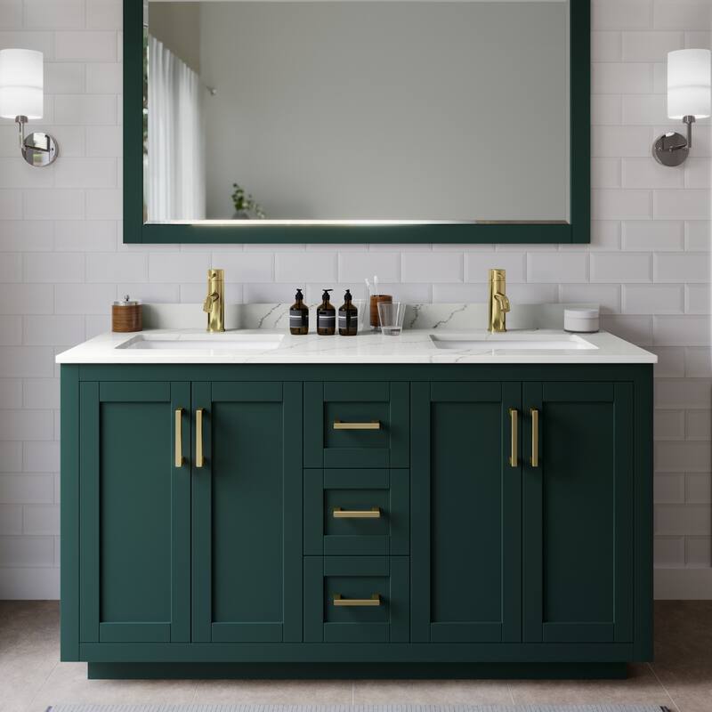 Wyndham Collection WCF292960D-QTZ-UNSM58 Miranda 60" Free Standing - Green / Giotto Quartz Top / Brushed Gold Hardware
