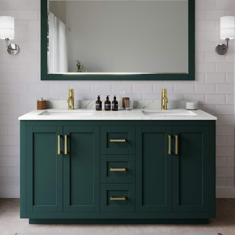 Wyndham Collection WCF292960D-QTZ-UNSMXX Miranda 60" Free Standing - Green / Giotto Quartz Top / Brushed Gold Hardware