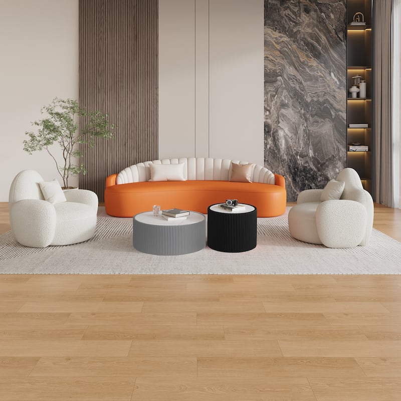 Small Coffee Table End Table for Living Room, Luxury Round Leather Accent Tables, Modern Circle Center Tables with Marble Top