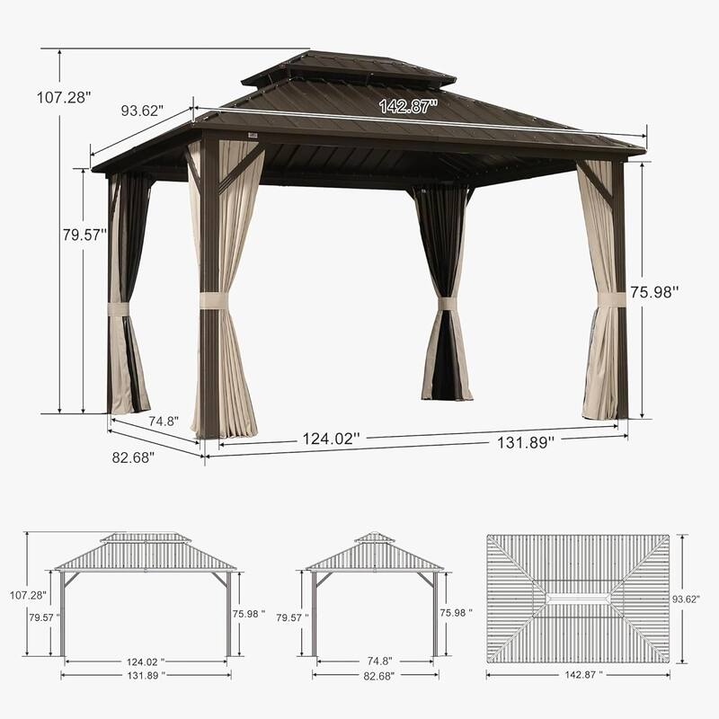 PURPLE LEAF Gazebo Outdoor Gazebo with Dual-Layer Galvanized Steel Double Roof Aluminum Gazebo with Netting and Curtains Bronze