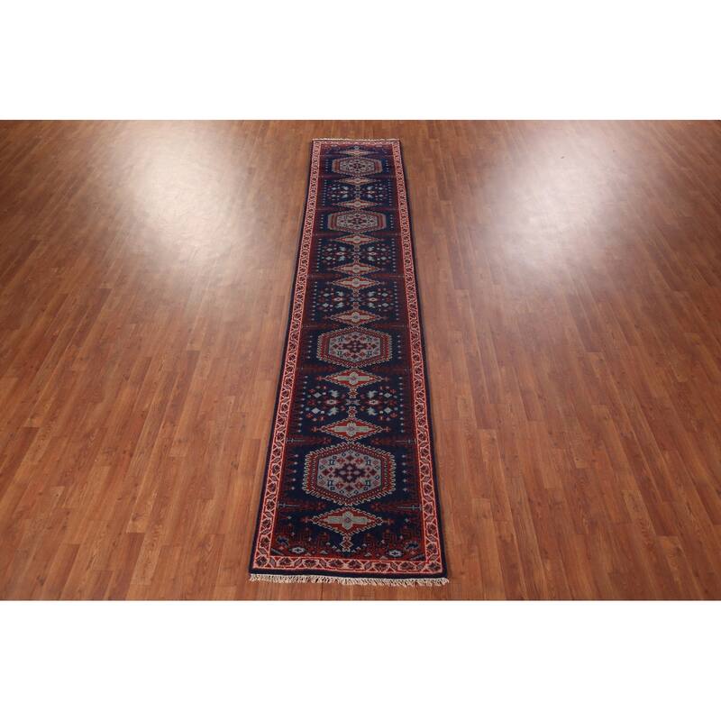 Blue Geometric Viss Oriental Runner Rug Handmade Wool Carpet - 2'7"x 11'10"