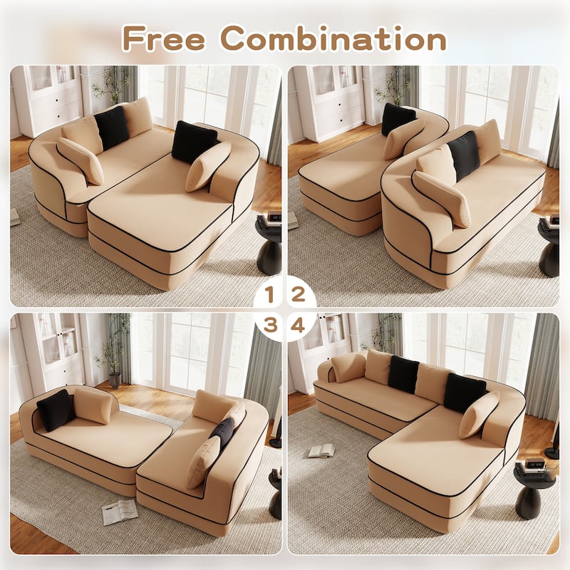 Roomfitters No Assembly Modular Sofa, 106 Inch Teddy Fabric Floor Couch with Chaise, Camel