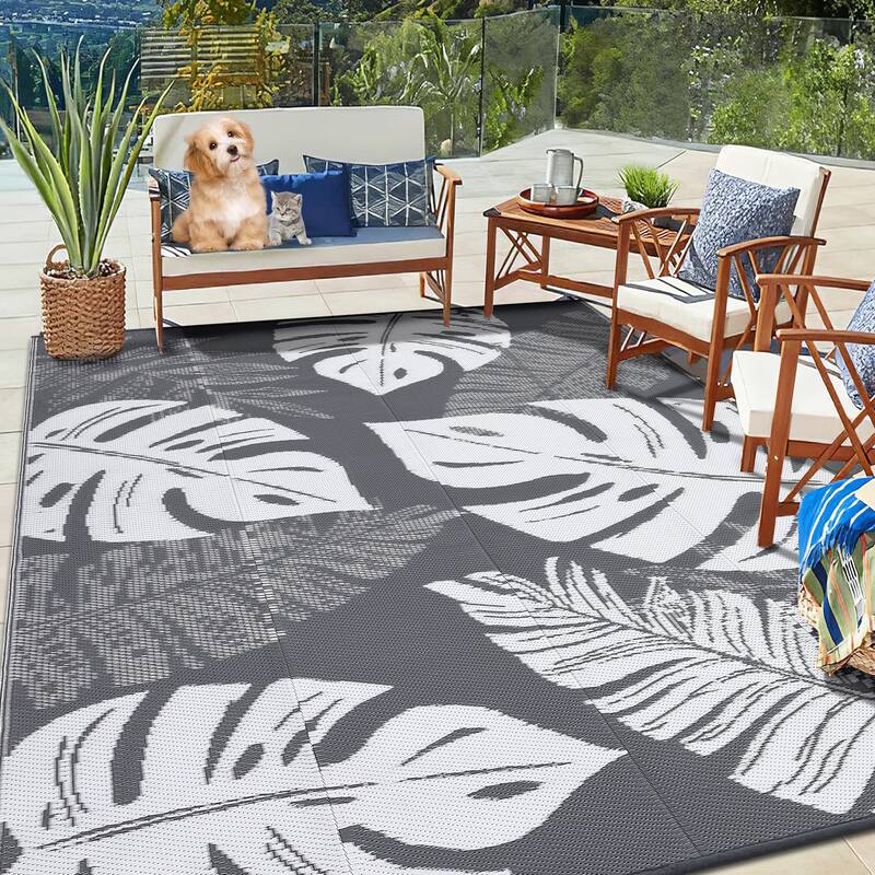 Outdoor Rug Waterproof Reversible Rug Modern Leaves Plastic Straw Area Rug