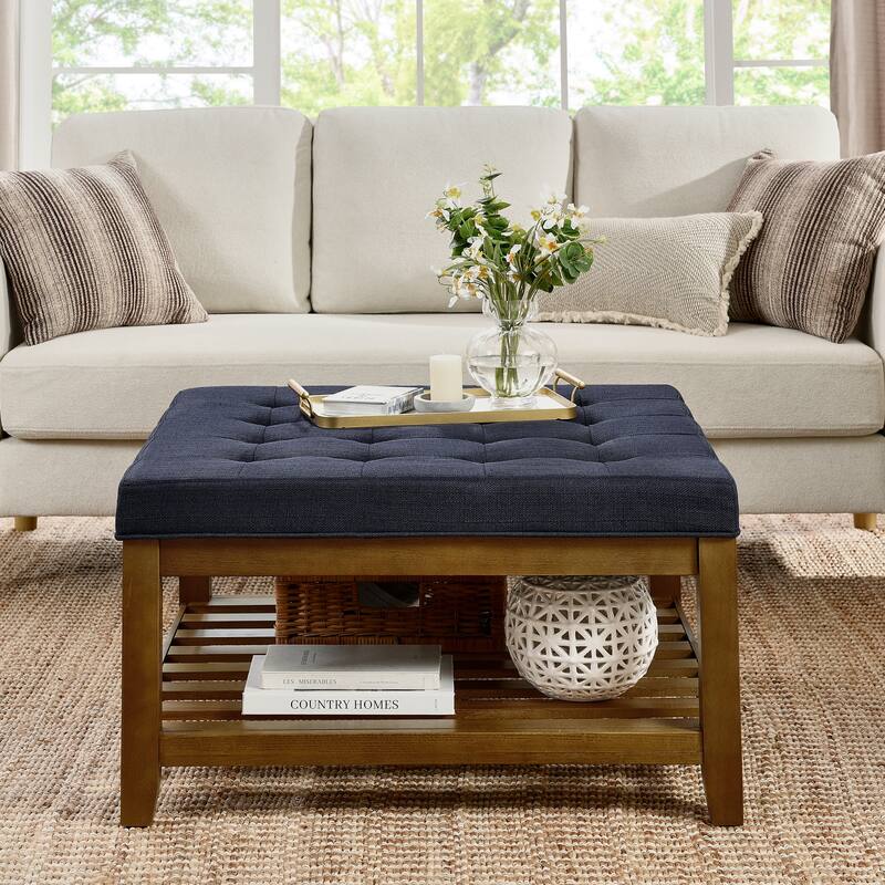 Upholstered Coffee Table Tufted Linen Large Square Ottoman with Beech Wood Shelf and Frame, Oversized Footrest Ottoman
