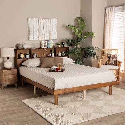Lochlan Mid-Century Modern Walnut Brown Finished Wood Platform Bed with Charging Station