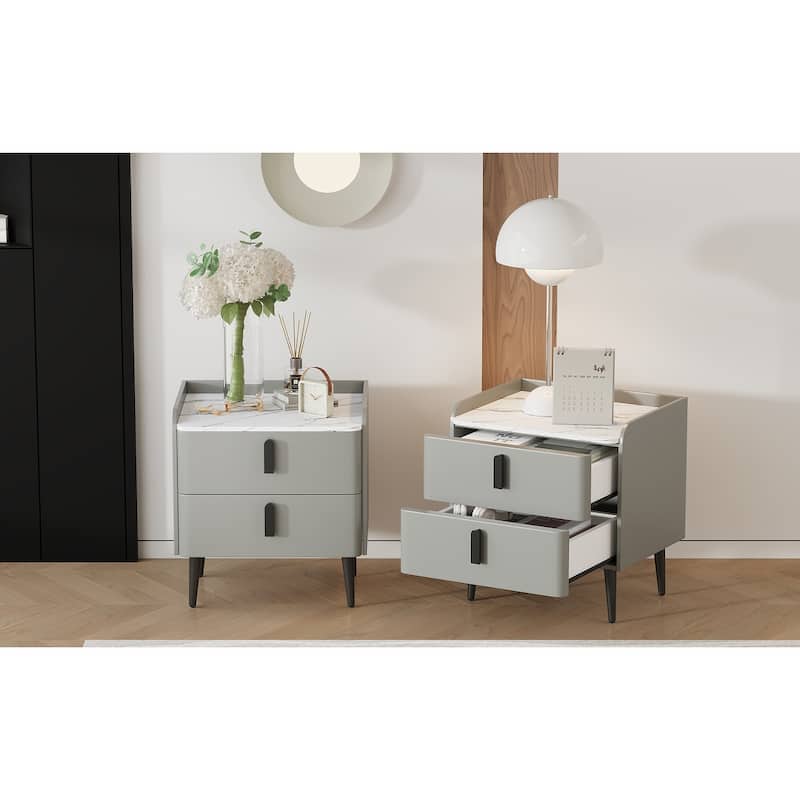 Nightstands Set of 2, Night Stand with 2 Drawers and Marble-Pattern Tabletop, Modern Beside Table for Bedroom