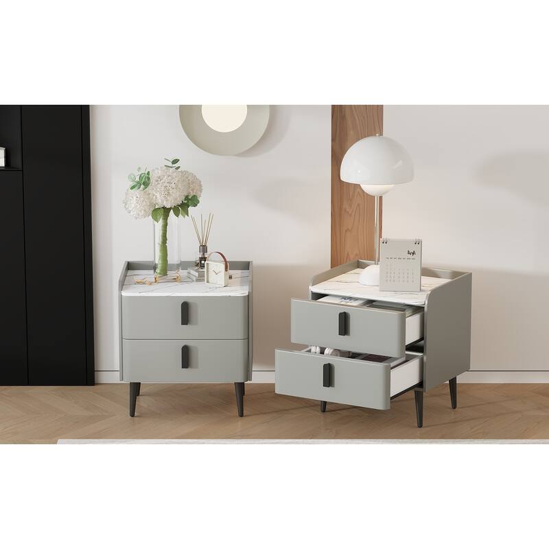 Nightstands Set of 2: 2-Drawer Marble-Pattern Top Modern Bedside/End Table - Gray