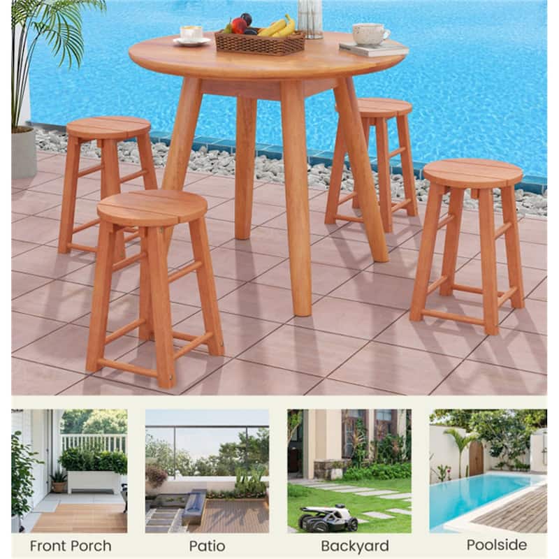 18-Inch Set of 2 Natural Eucalyptus Wood Bar Stools for Outdoor Seating for Balcony - 11.5" x 11.5" x 18" (L x W x H)