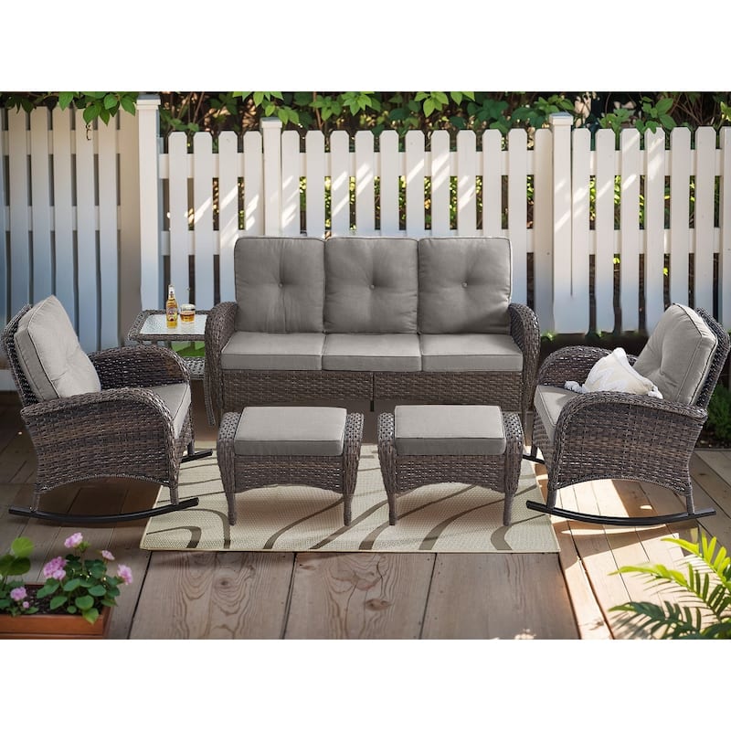 Patio Rocking Chair with 3-seat Sofa and Ottomans - Brown - Grey - Brown
