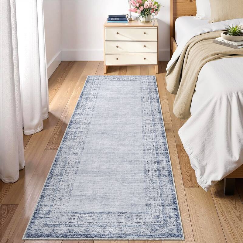 Vintage Bordered Area Rug Washable Area Rug Non-Slip Low Pile Throw Carpet for Living Room Bedroom Dining Room