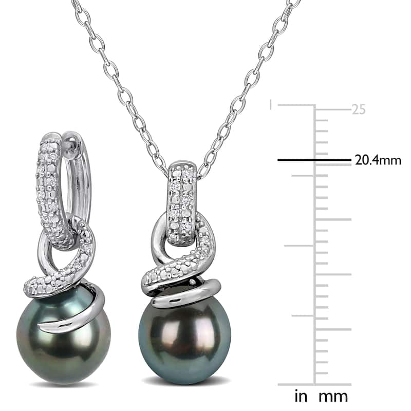 Miadora 8-8.5mm Cultured Tahitian Pearl 1/7ct TW Diamond Necklace Earrings Set Sterling Silver