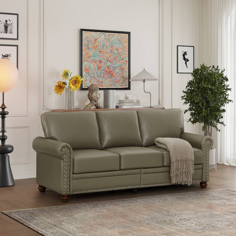 Faux Leather Sofa with Storage, ,Oversized Upholstered 3 Seater Sofa, Deep Seat Sofa with Nailhead Trim & Rolled Armrests - Grey