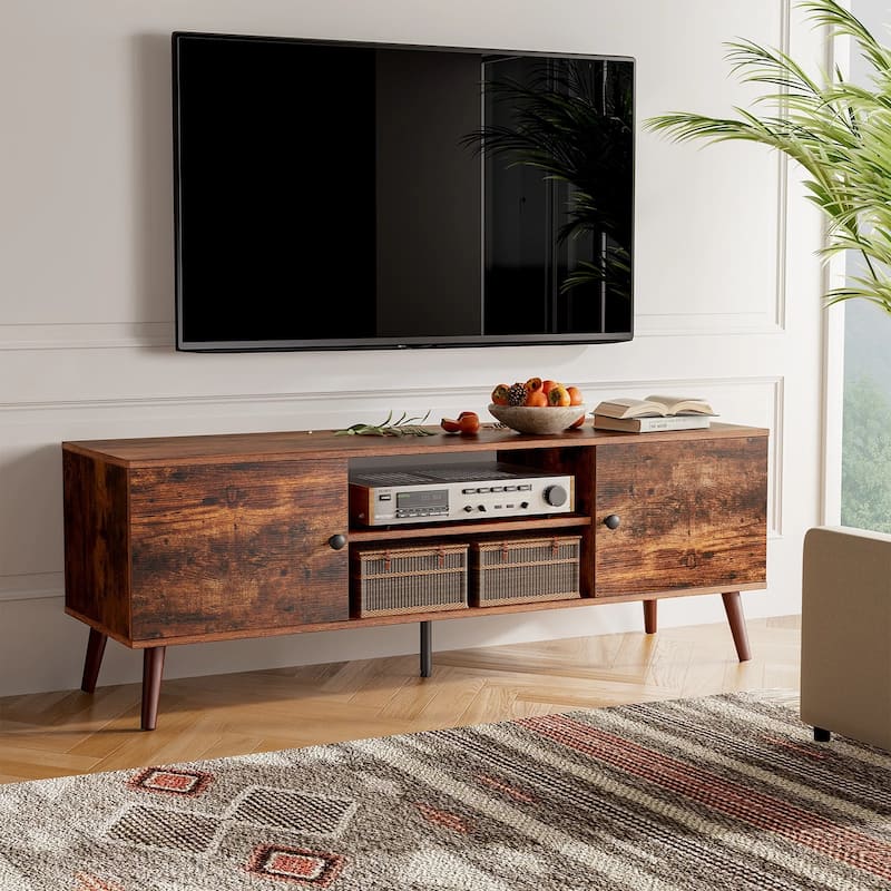TV Stand, Mid Century Modern TV Stand for 55/60 inch TV, Farmhouse TV Stand, Entertainment Center for Living Room - Brown