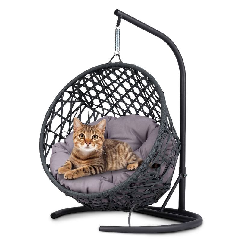 Pet Hanging Swing Bed, Rattan Hammock with Removable Soft Cushion, Cat Swing Bed with Stand & Cushion, Small Animals - Grey
