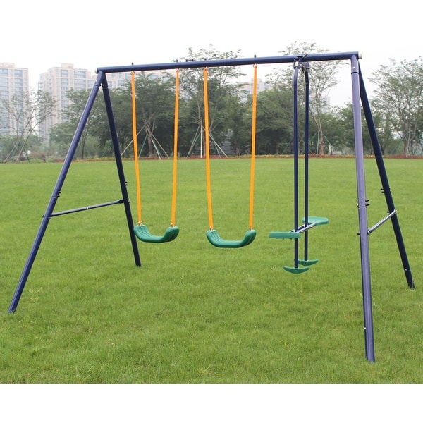 slide 2 of 9, Metal Swing Set Outdoor with Glider for Kids Blue - Toddler