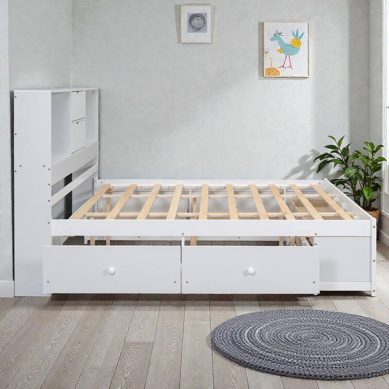 Platform Bed with Headboard Storage and 8 Drawers, Wood Bed Frame with Shelves and No Box Spring Needed