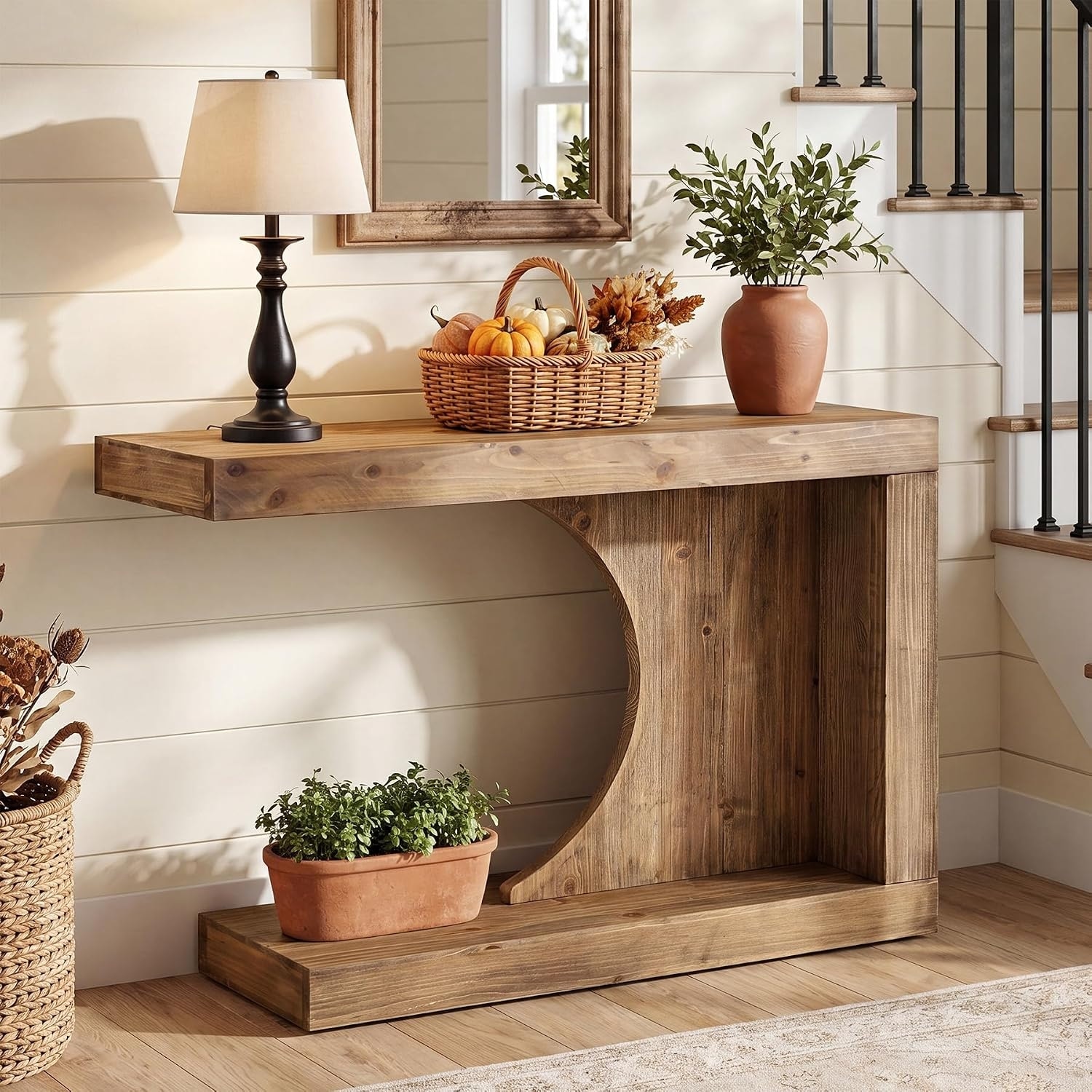 39.4" C-Shaped Mid-Century Modern Solid Wood Console Entryway Sofa Table for Behind Couch, Hallway, Entry Way, Entrance, Foyer