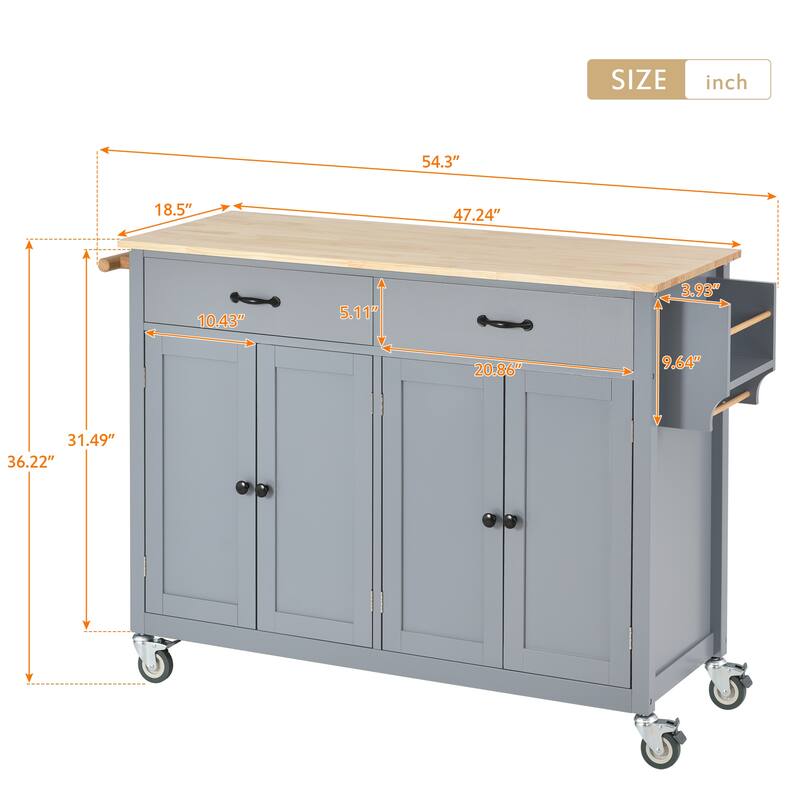 Kitchen Island Cart with Solid Wood Top, 2 Drawers and Locking Wheels