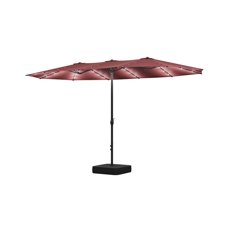 15ft Solar LED Double Patio Umbrella with Base, Extra Large Twin Outdoor Market Umbrella with 36 Lights, 180g Polyester Canopy