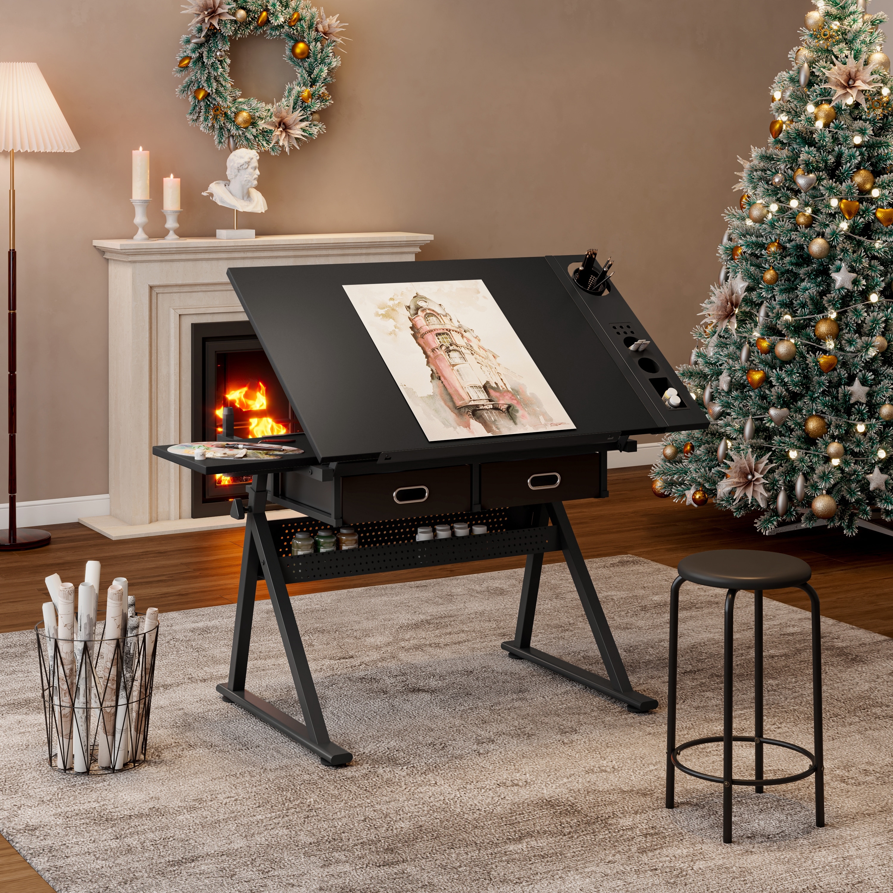 Adjustable drawing drafting table desk with 2 drawers for home office and school with stool