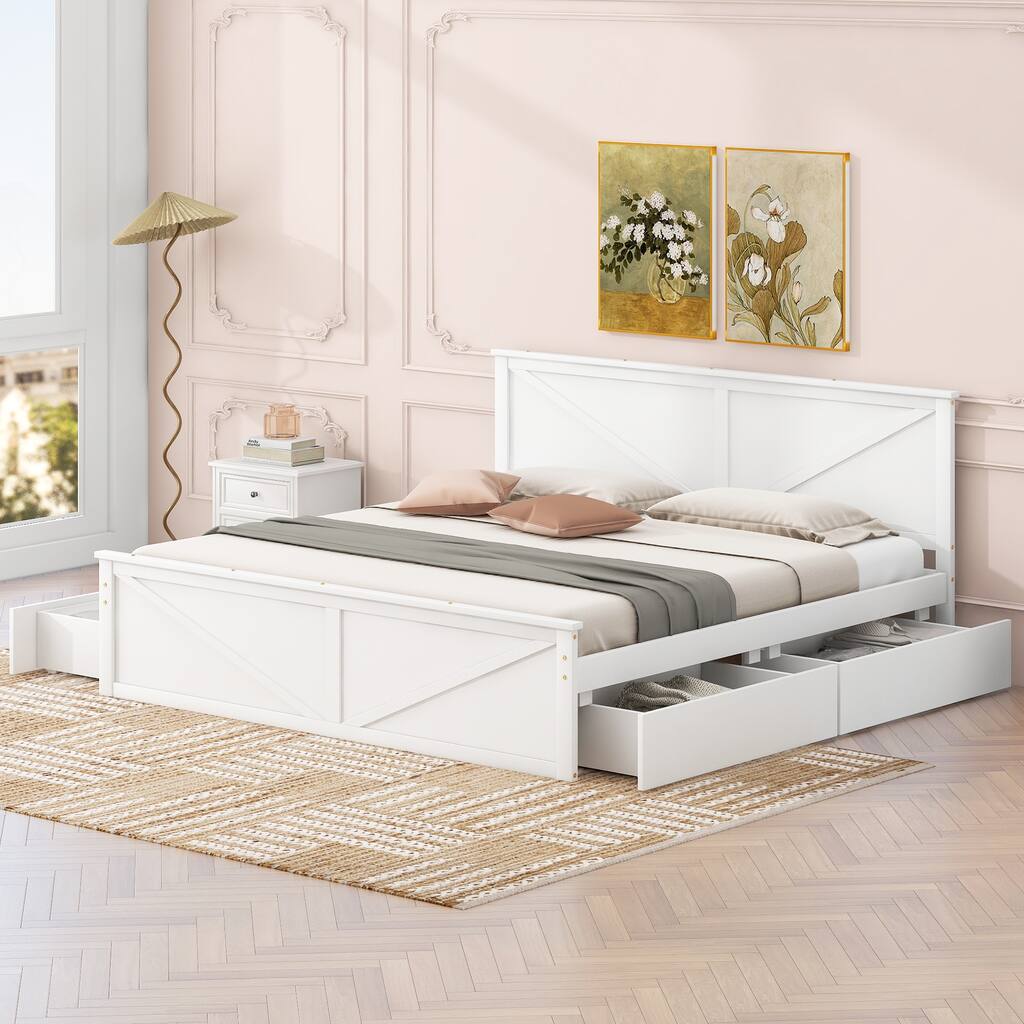 King Size Wooden Platform Bed with Four Storage Drawers