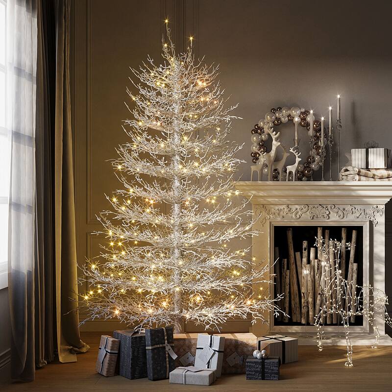 Pre-Lit Aspen Fir Artificial Tree - Snow Flocked Branches, Warm White LED Lights, Holiday Decor