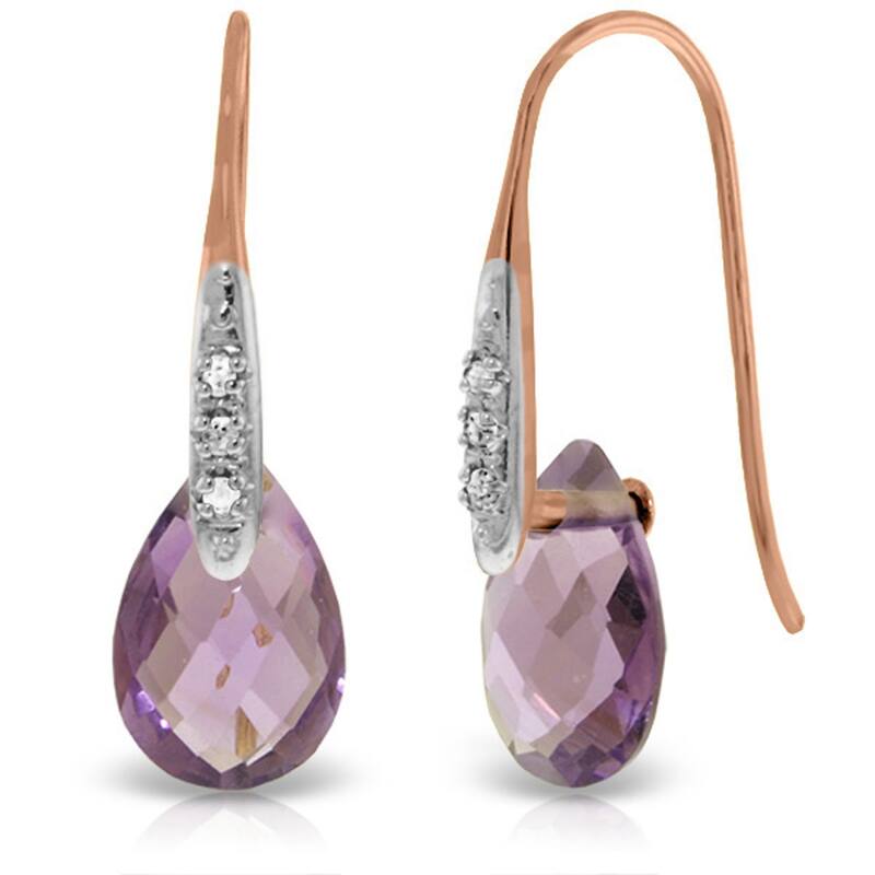 14K Solid Gold Fish Hook Earrings w/ Diamonds & Dangling Amethysts - Rose