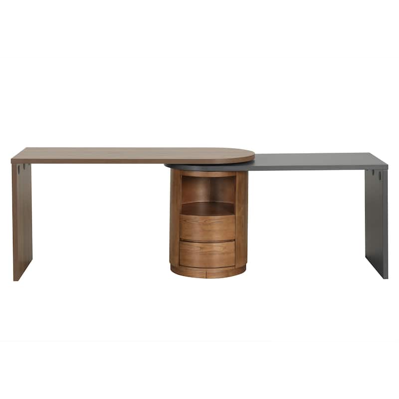 59"L Shaped Desk in Walnut with 2 Drawers,Open storage,360°Wood Rotating Desk,Executive Office Desk,Office Study Workstation
