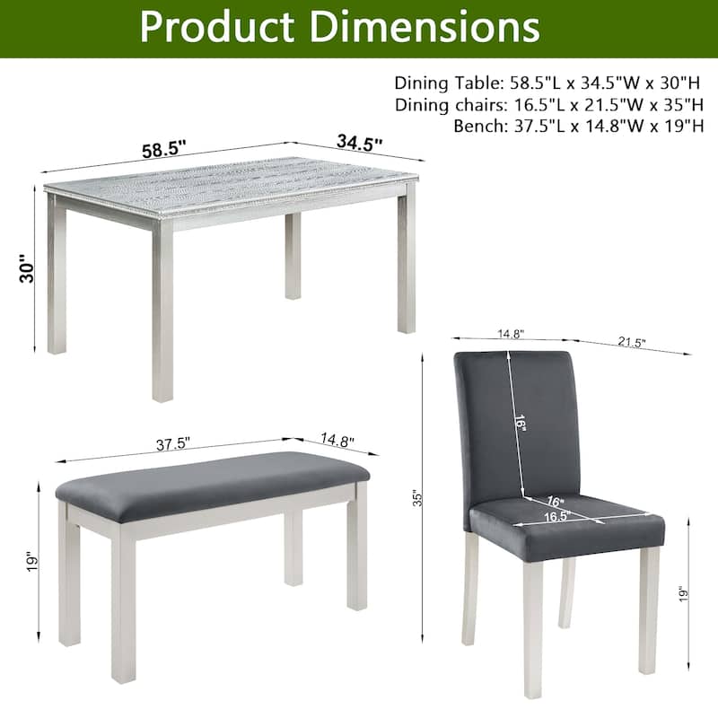 GDFStudio - Hamilton 6-Piece Classic Rectangular Crystal Wooden Dining Table Set with 4 Upholstered Chairs and 1 Bench