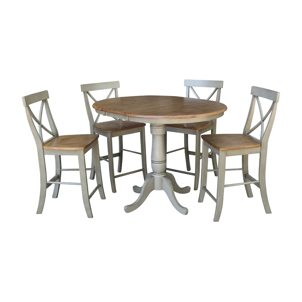 36" Round Extension Dining Table With 4 X-back Counter Height Stools - Set of 5 Pieces