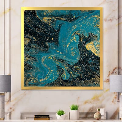 Designart "Blue Golden Liquid Art" Modern Framed Wall Decor