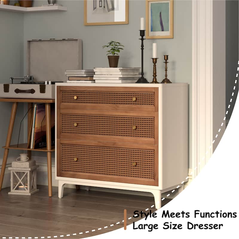 COZAYH Woven Cane Front Accent Nightstand with Brass Knobs, Accent Dresser