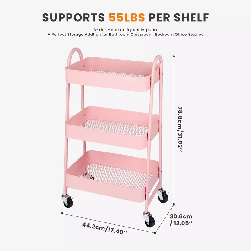 3-Tier Metal Rolling Utility Cart Multifunctional Organizer with Handle and Lockable Wheels - 17.4"D x 12.04"W x 31.02"H