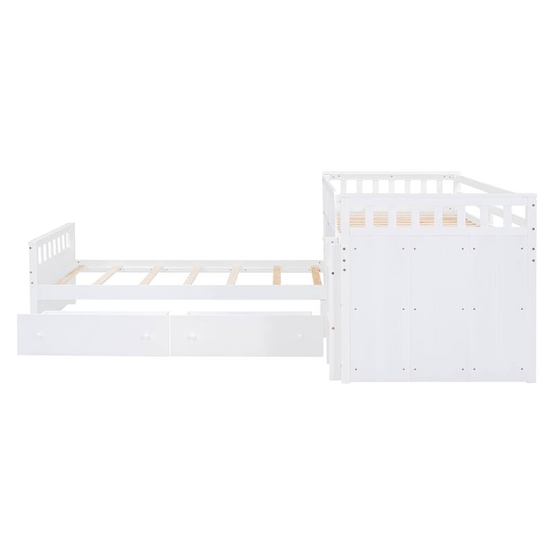 Space-Saving Twin Loft and Platform Bed with 7 Drawers and Full Guardrails in White