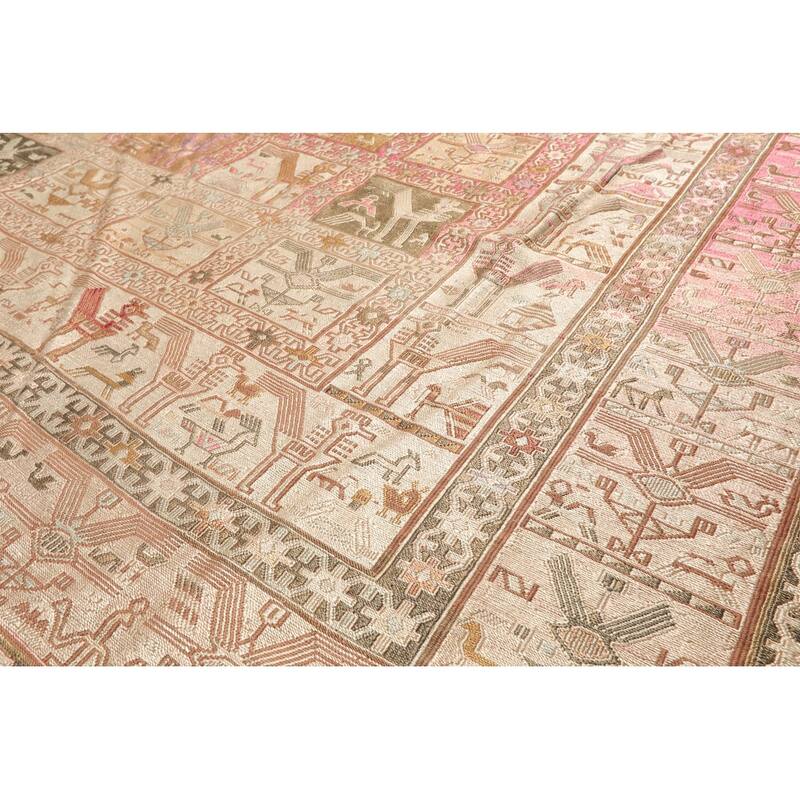 Hand Knotted Beige Authentic Pictorial Soumak Persian Silk Traditional Oriental Area Rug - 6' 8'' x 8' 6''