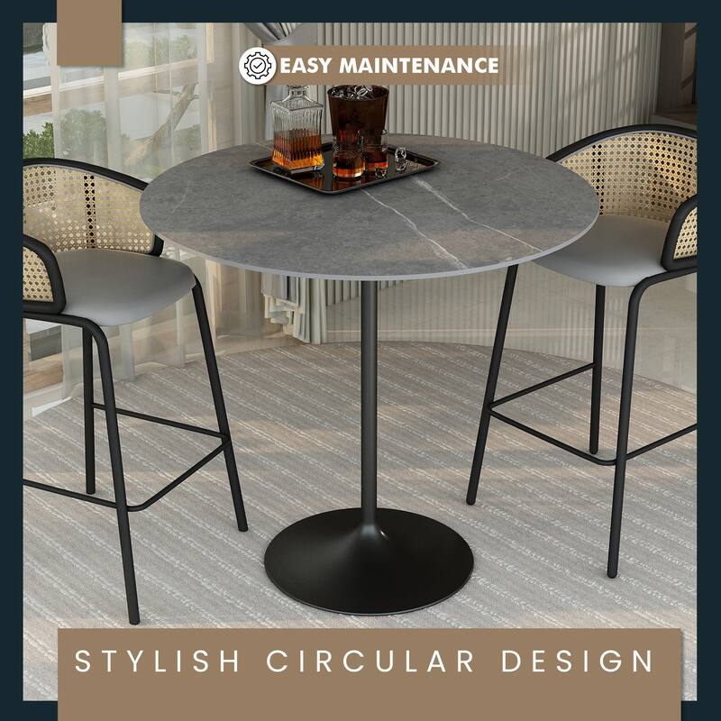LeisureMod Verve 48" Round Dining Table with Sintered Stone TableTop and Black Steel Base for Kitchen & Dining Room