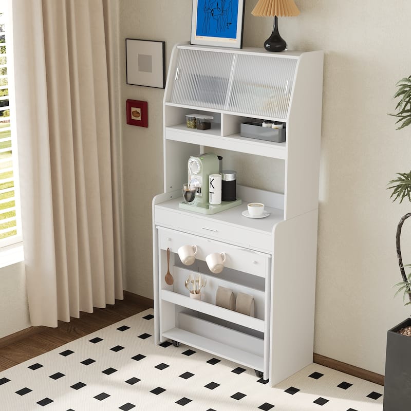 Multifunctional Cupboard Buffet with Storage Shelf,Side Hooks,Hutch and Foldable Dining Table