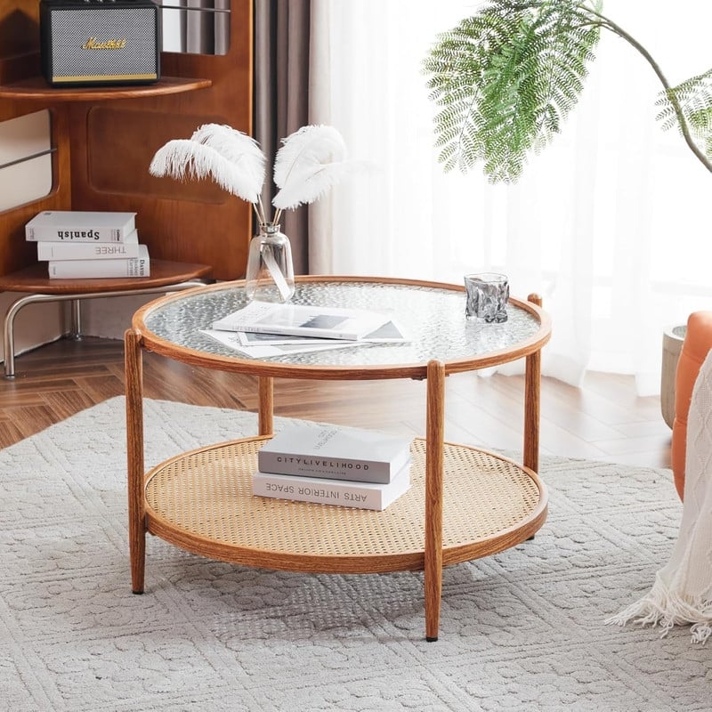 VINGLI Double-Layered Round Water Ripple Glass with Heat Transfer Wood Grain Iron Frame Coffee Table