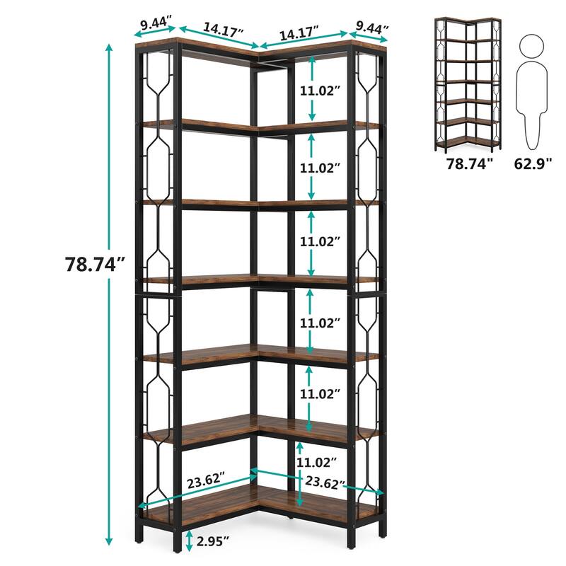 79 Inch Corner Bookshelf, 7-Tier L-shaped Bookcase, Wood and Metal Corner Display Shelf