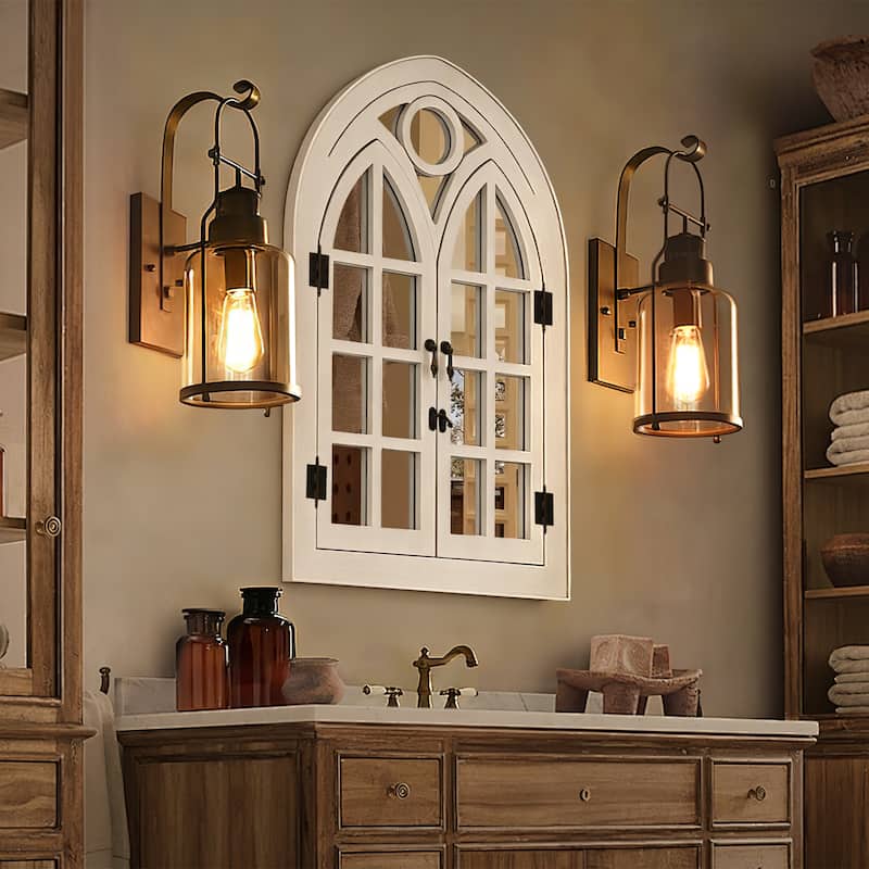 Classic Arched Wood Framed Window Pane Wall Mirror