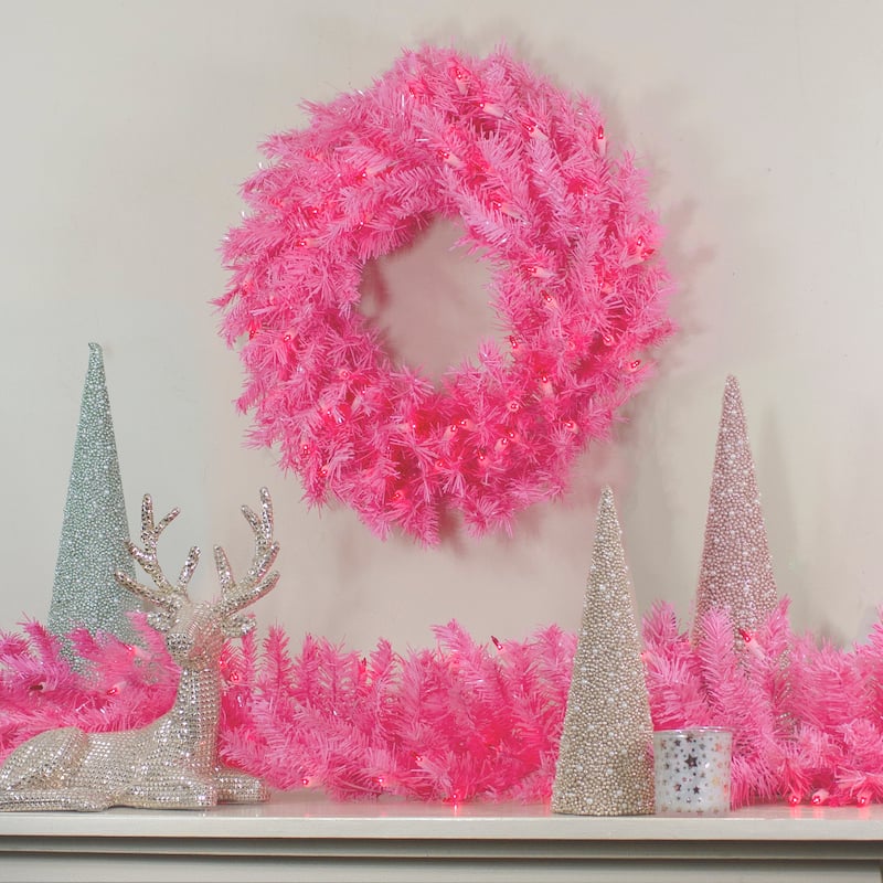 36" Pre-Lit Pink Spruce Artificial Christmas Wreath Pink Lights