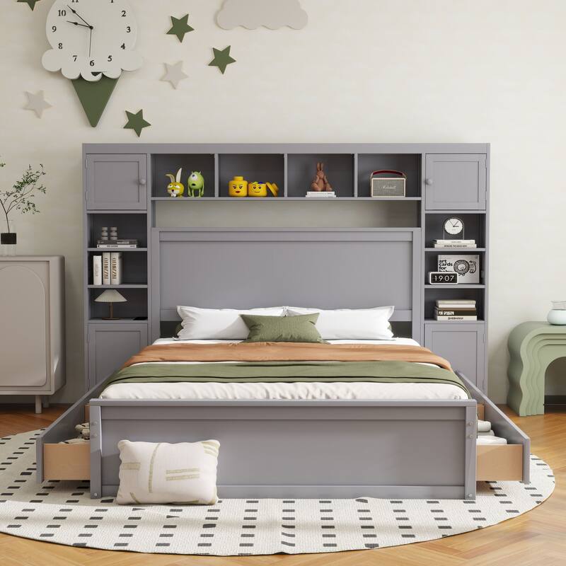 Modern Platform Bed with Integrated Cabinet, Trundle Bed and Drawers