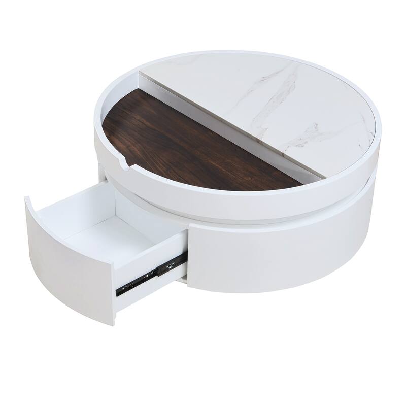 Small Lift-Top Round Coffee Table, Dual-Tone Table with Faux Marble & Wood Grain Top, Compact Center Table with Hidden Storage