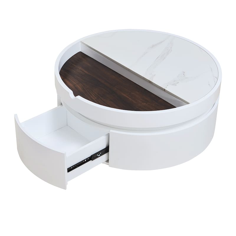 White Round Lift Coffee Table with 1 Drawer in 29.5", Marble and Wood Grain Tabletop