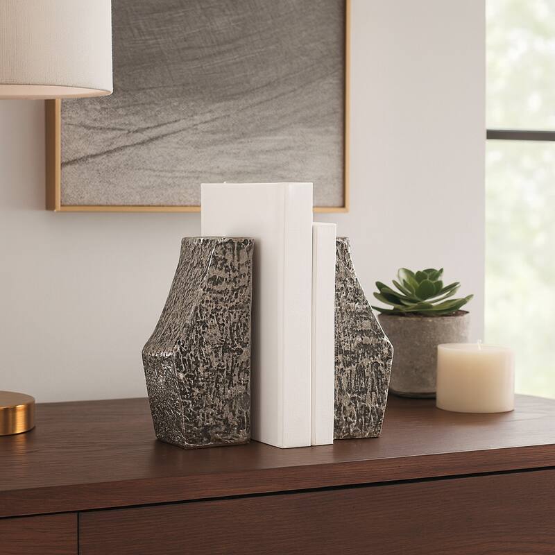 Modern Textured Decorative Bookends - Set of 2, 8" Black and Silver - 8.0"