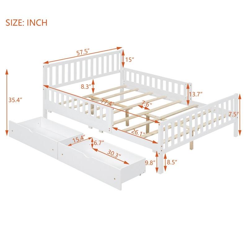 Full Size Wood Platform Bed with Guardrails and 2 Storage Drawers