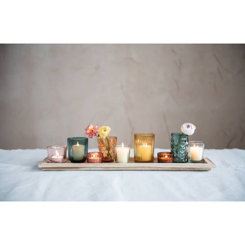 Wood Tray with 9 Blue & Green Glass Votive Holders