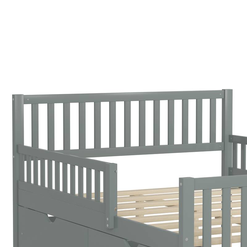 Full Size Wood Platform Bed with Guardrails on Both Sides and 2 Storage Drawers, Gray